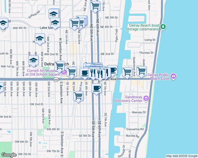 map of restaurants, bars, coffee shops, grocery stores, and more near South Federal Highway in Delray Beach