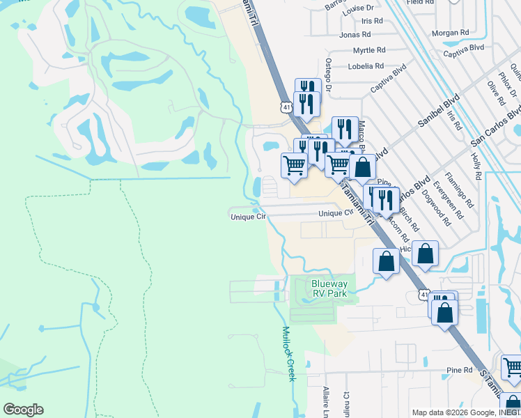 map of restaurants, bars, coffee shops, grocery stores, and more near 3737 Unique Circle in Fort Myers