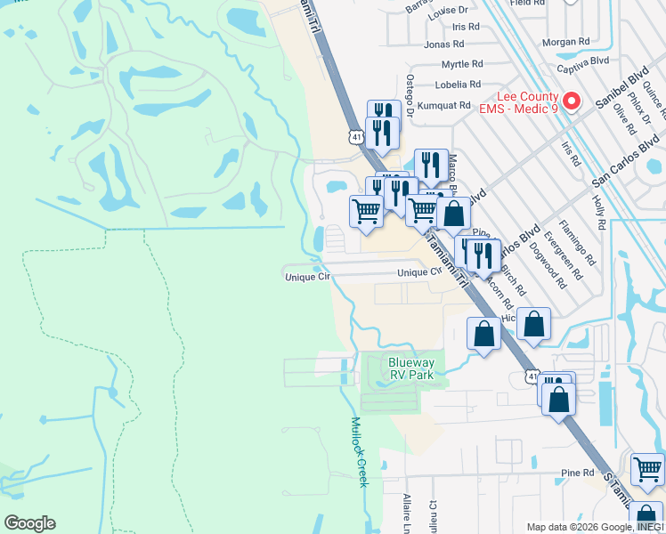 map of restaurants, bars, coffee shops, grocery stores, and more near 3745 Unique Circle in Fort Myers