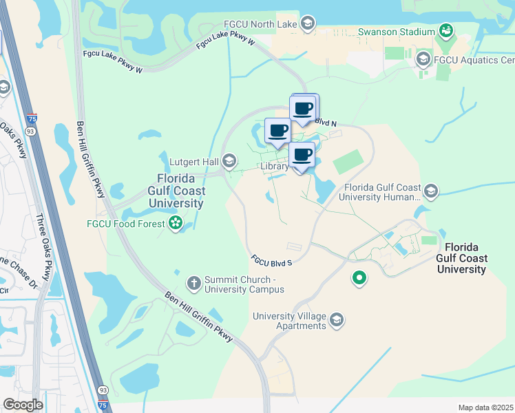 map of restaurants, bars, coffee shops, grocery stores, and more near 10501 FGCU Boulevard South in Fort Myers