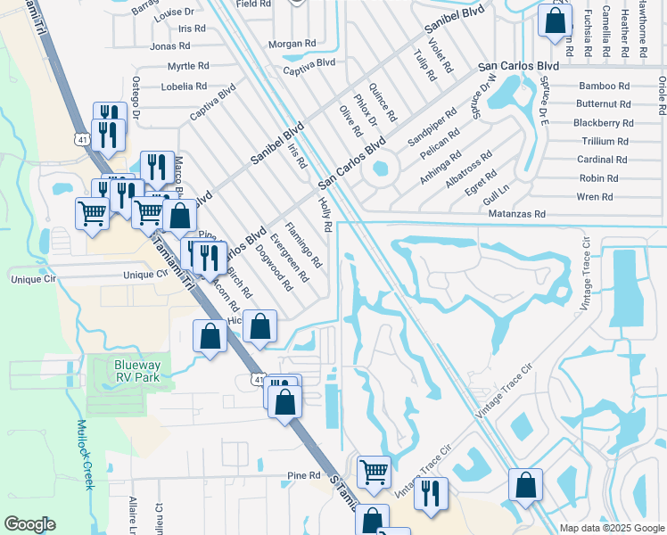 map of restaurants, bars, coffee shops, grocery stores, and more near 19117 Holly Road in Fort Myers