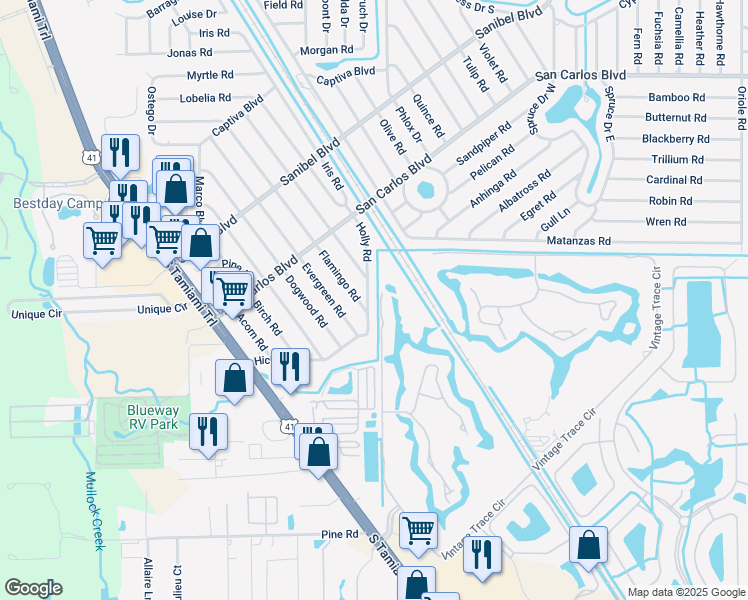 map of restaurants, bars, coffee shops, grocery stores, and more near 19117 Holly Road in Fort Myers