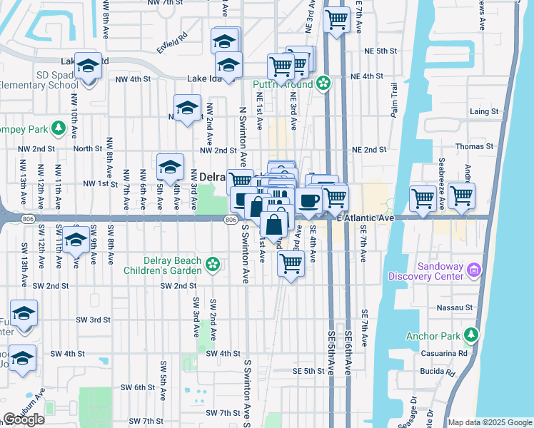 map of restaurants, bars, coffee shops, grocery stores, and more near 119 East Atlantic Avenue in Delray Beach