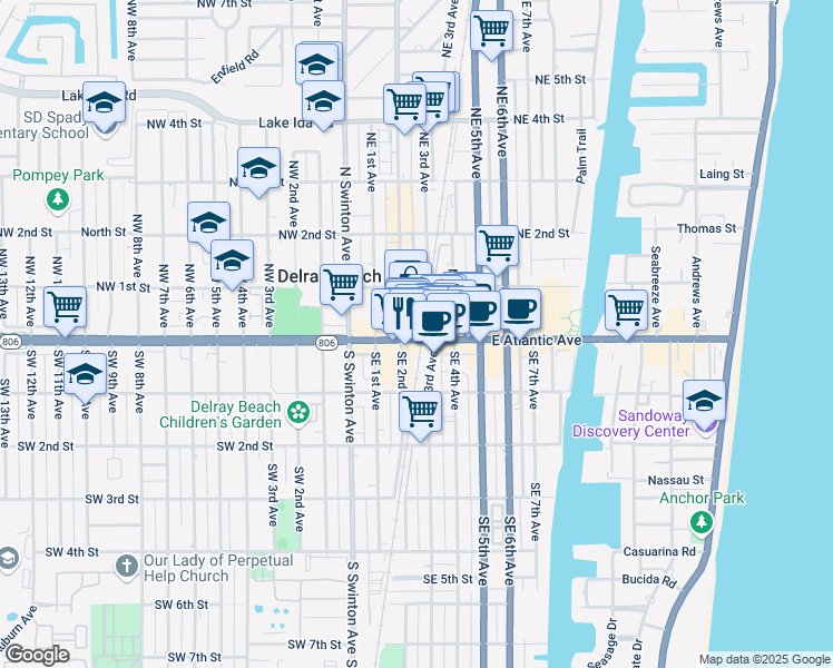 map of restaurants, bars, coffee shops, grocery stores, and more near 258 East Atlantic Avenue in Delray Beach