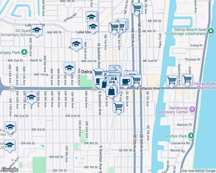 map of restaurants, bars, coffee shops, grocery stores, and more near 119 East Atlantic Avenue in Delray Beach