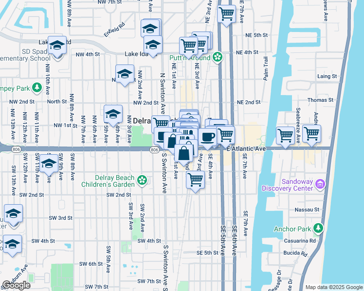 map of restaurants, bars, coffee shops, grocery stores, and more near 119 East Atlantic Avenue in Delray Beach