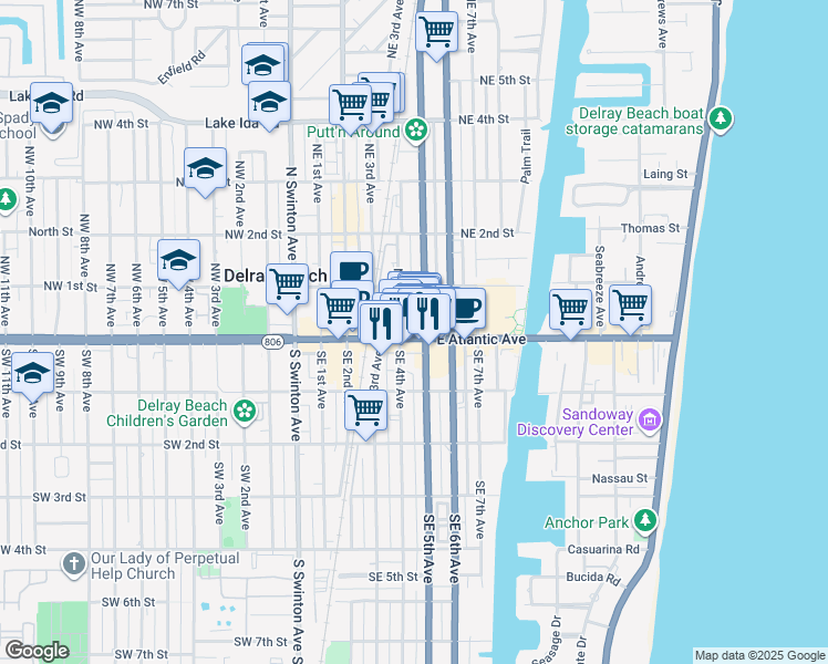 map of restaurants, bars, coffee shops, grocery stores, and more near 424 East Atlantic Avenue in Delray Beach