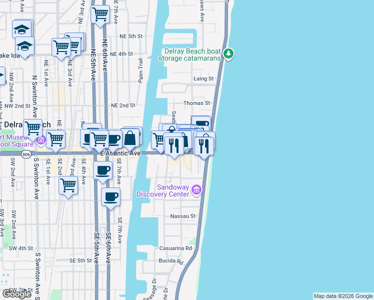 map of restaurants, bars, coffee shops, grocery stores, and more near 1216 East Atlantic Avenue in Delray Beach