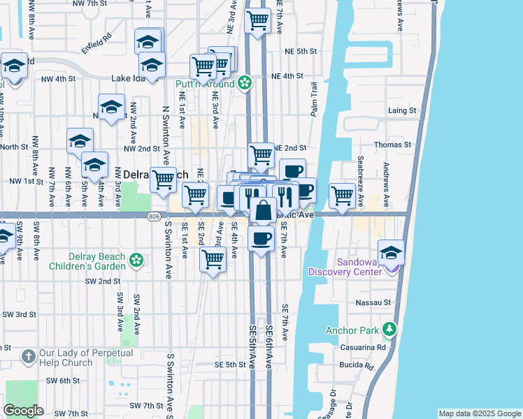 map of restaurants, bars, coffee shops, grocery stores, and more near 519 East Atlantic Avenue in Delray Beach