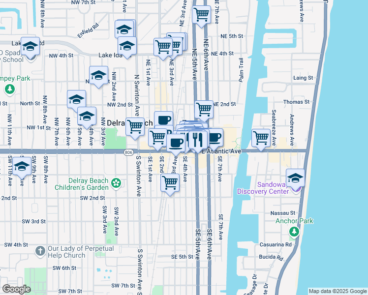 map of restaurants, bars, coffee shops, grocery stores, and more near 424 East Atlantic Avenue in Delray Beach