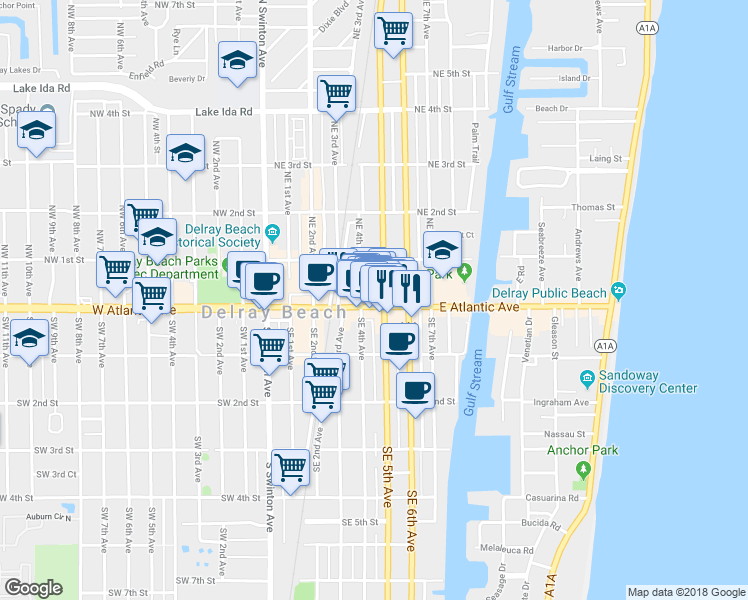 map of restaurants, bars, coffee shops, grocery stores, and more near 424 East Atlantic Avenue in Delray Beach