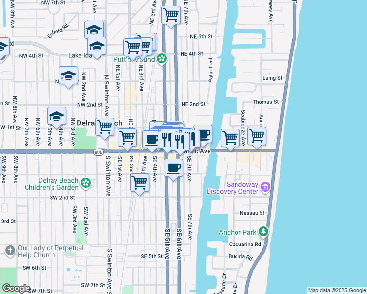 map of restaurants, bars, coffee shops, grocery stores, and more near 519 East Atlantic Avenue in Delray Beach