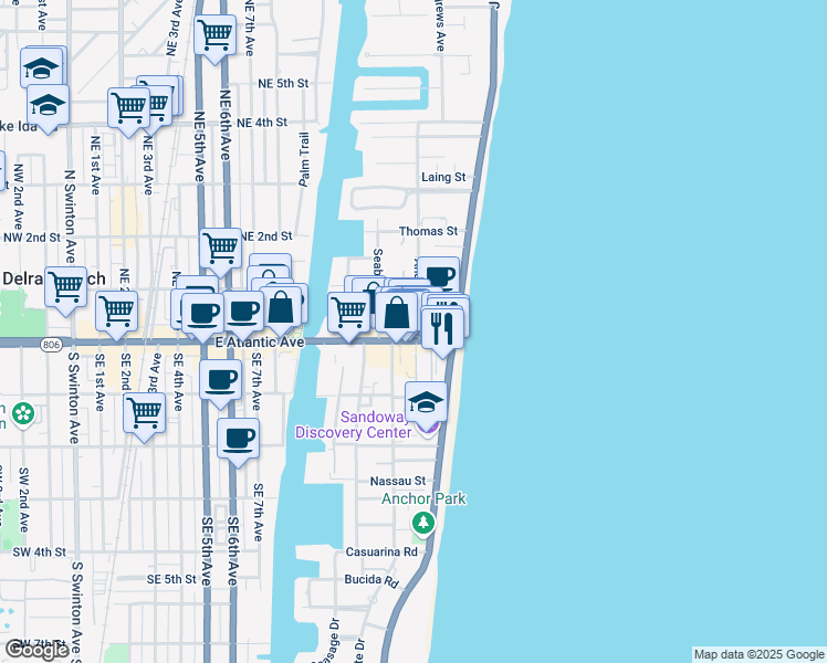 map of restaurants, bars, coffee shops, grocery stores, and more near 1216 East Atlantic Avenue in Delray Beach