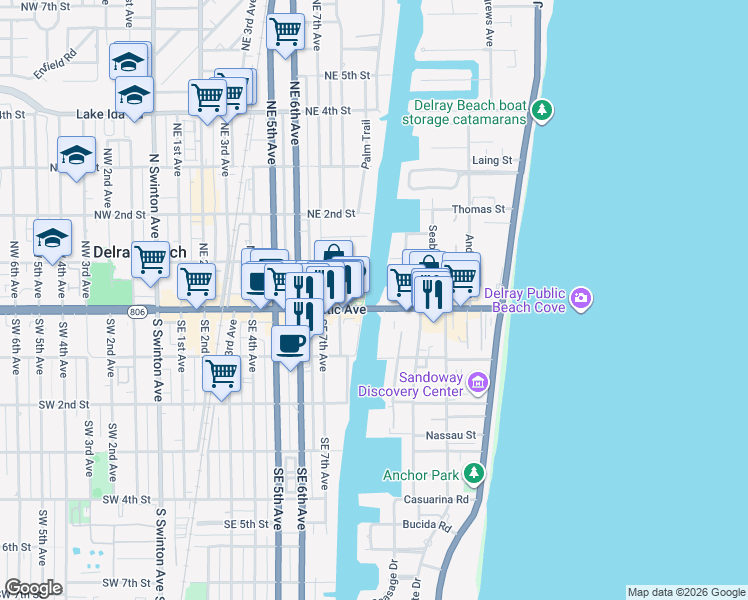 map of restaurants, bars, coffee shops, grocery stores, and more near 898 East Atlantic Avenue in Delray Beach
