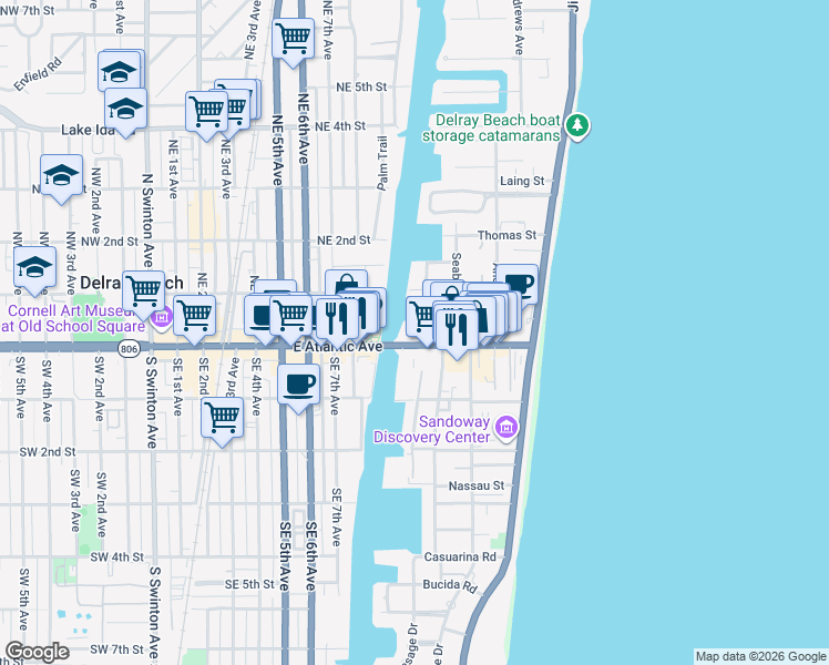 map of restaurants, bars, coffee shops, grocery stores, and more near 900 East Atlantic Avenue in Delray Beach