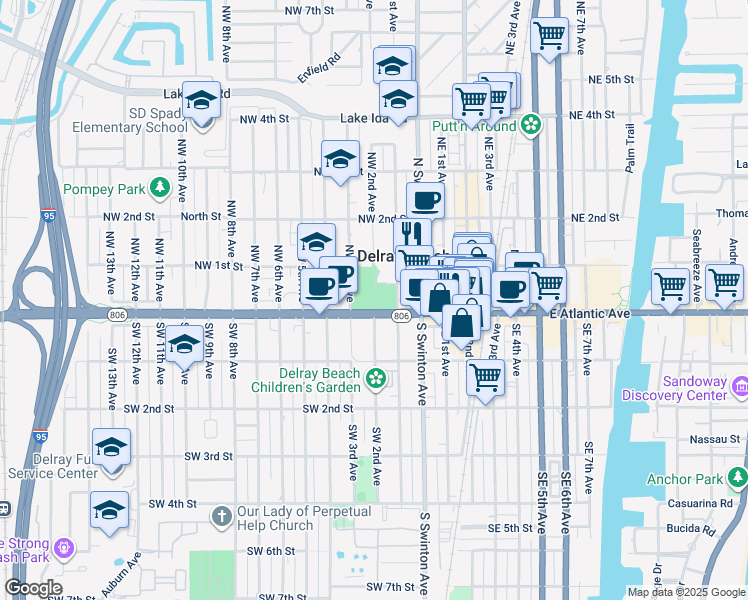 map of restaurants, bars, coffee shops, grocery stores, and more near 301 West Atlantic Avenue in Delray Beach