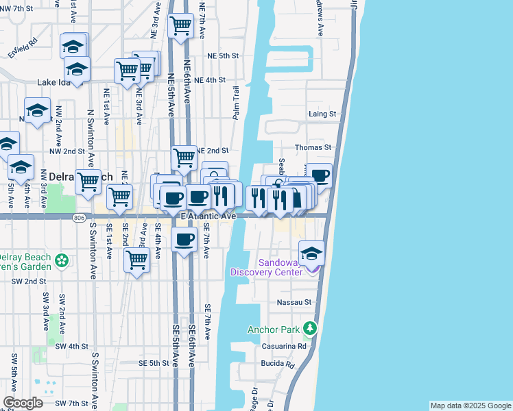 map of restaurants, bars, coffee shops, grocery stores, and more near 900 East Atlantic Avenue in Delray Beach