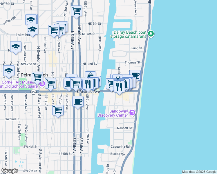 map of restaurants, bars, coffee shops, grocery stores, and more near 50 East Road in Delray Beach