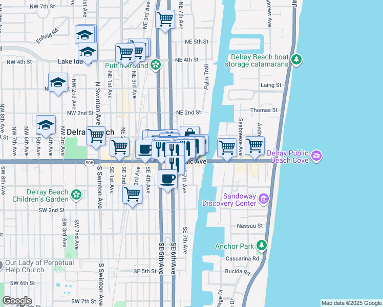 map of restaurants, bars, coffee shops, grocery stores, and more near 770 East Atlantic Avenue in Delray Beach