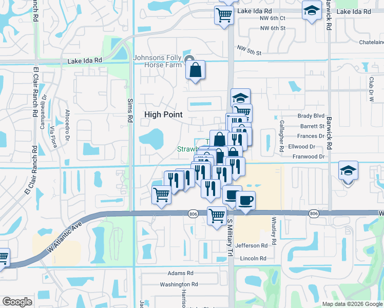 map of restaurants, bars, coffee shops, grocery stores, and more near 14401 South Military Trail in Delray Beach