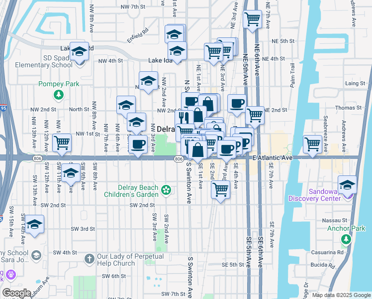 map of restaurants, bars, coffee shops, grocery stores, and more near 20 North Swinton Avenue in Delray Beach