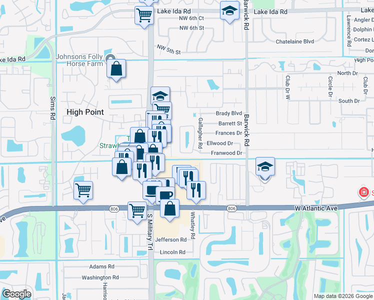 map of restaurants, bars, coffee shops, grocery stores, and more near 123 West Lee Road in Delray Beach