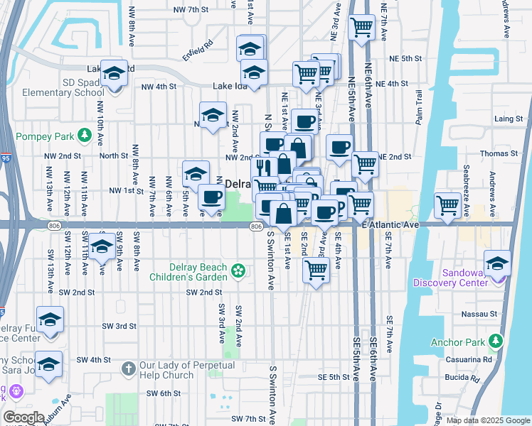 map of restaurants, bars, coffee shops, grocery stores, and more near 20 North Swinton Avenue in Delray Beach