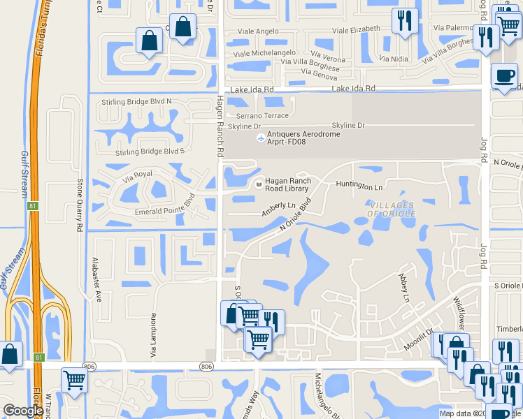 map of restaurants, bars, coffee shops, grocery stores, and more near 7351 Amberly Lane in Delray Beach
