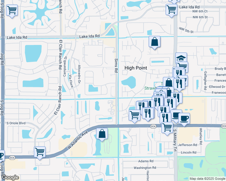 map of restaurants, bars, coffee shops, grocery stores, and more near 14377 Sims Road in Delray Beach