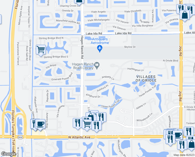map of restaurants, bars, coffee shops, grocery stores, and more near 7351 Amberly Lane in Delray Beach