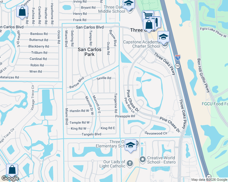 map of restaurants, bars, coffee shops, grocery stores, and more near 19028 Tangerine Road in Fort Myers