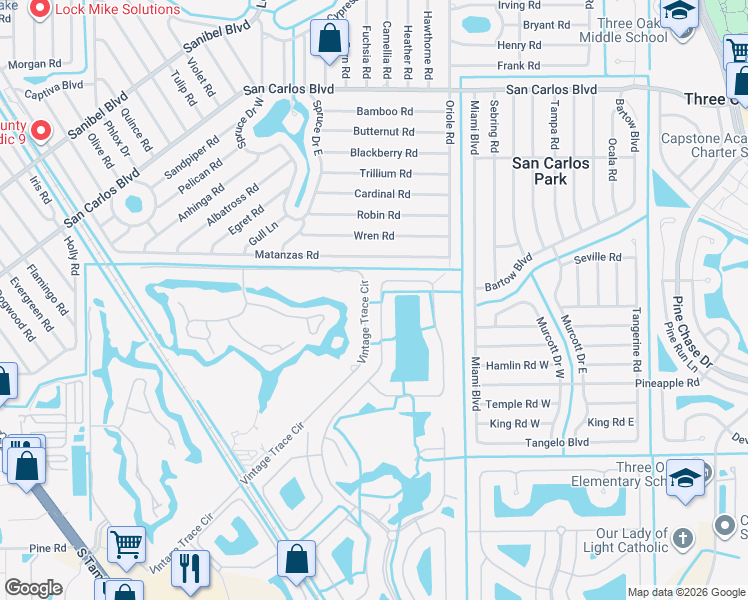 map of restaurants, bars, coffee shops, grocery stores, and more near 19385 La Serena Drive in Fort Myers