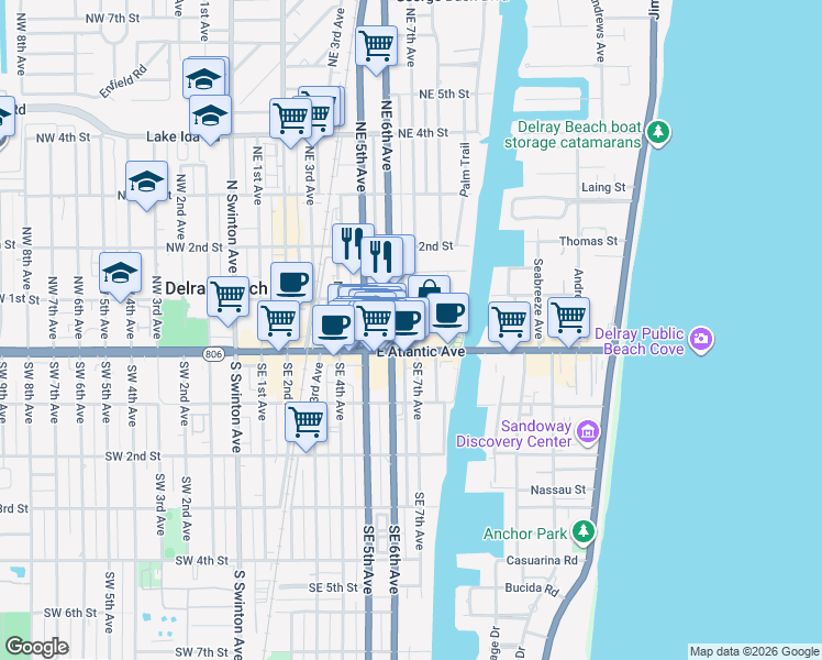 map of restaurants, bars, coffee shops, grocery stores, and more near 75 Northeast 6th Avenue in Delray Beach