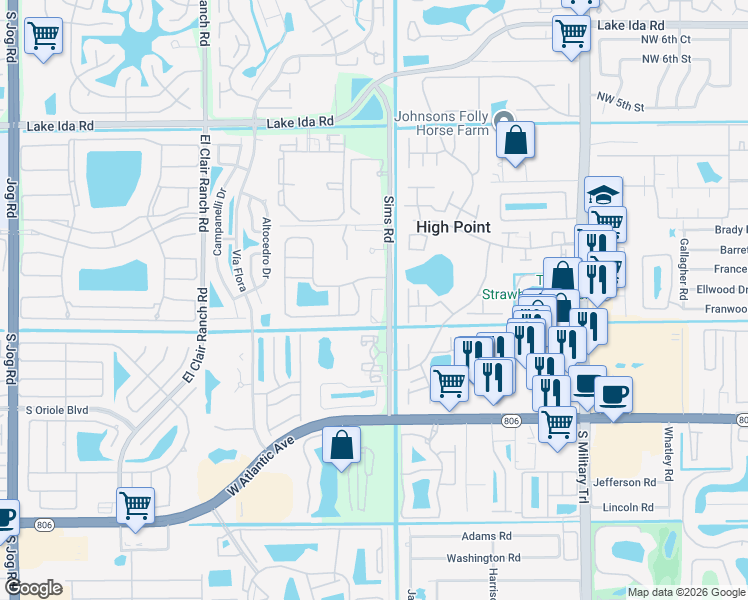 map of restaurants, bars, coffee shops, grocery stores, and more near 14384 Emerald Place Way in Delray Beach