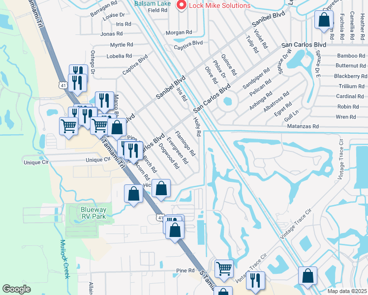 map of restaurants, bars, coffee shops, grocery stores, and more near 19034 Flamingo Road in Fort Myers