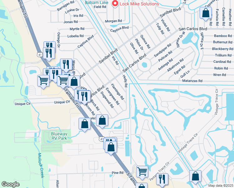 map of restaurants, bars, coffee shops, grocery stores, and more near 19058 Flamingo Road in Fort Myers