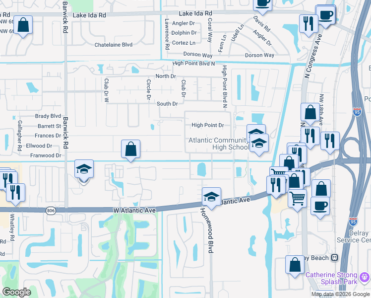 map of restaurants, bars, coffee shops, grocery stores, and more near 405 High Point Boulevard in Delray Beach