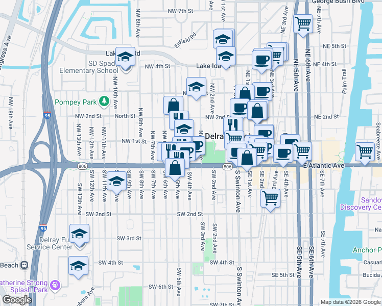 map of restaurants, bars, coffee shops, grocery stores, and more near 27 Northwest 4th Avenue in Delray Beach