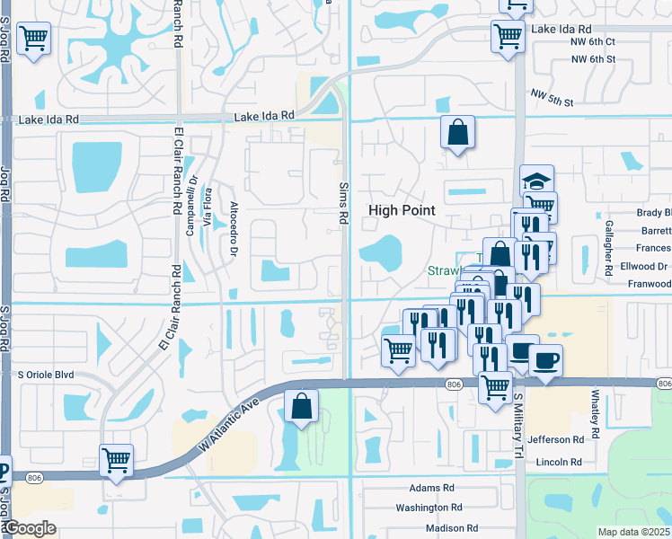 map of restaurants, bars, coffee shops, grocery stores, and more near 14384 Emerald Place Way in Delray Beach