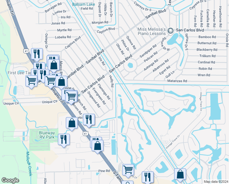 map of restaurants, bars, coffee shops, grocery stores, and more near 19040 Holly Road in Fort Myers
