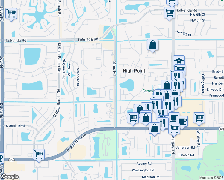 map of restaurants, bars, coffee shops, grocery stores, and more near 14384 Emerald Place Way in Delray Beach