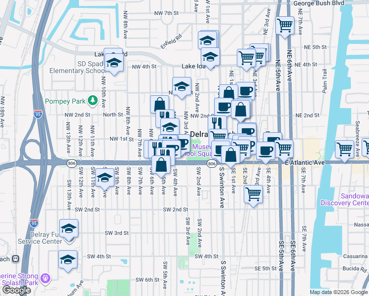map of restaurants, bars, coffee shops, grocery stores, and more near 62 Northwest 3rd Avenue in Delray Beach