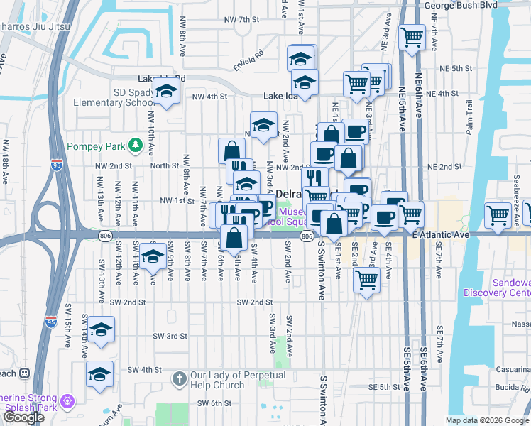 map of restaurants, bars, coffee shops, grocery stores, and more near Atlantic Grove Way in Delray Beach