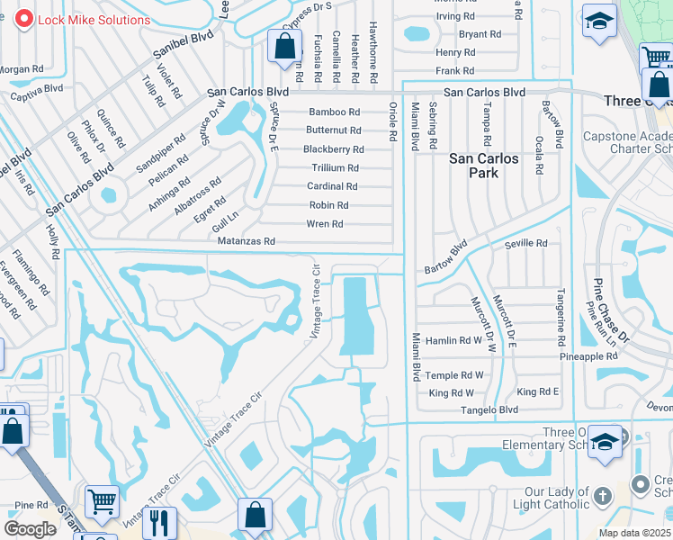 map of restaurants, bars, coffee shops, grocery stores, and more near 19385 La Serena Drive in Fort Myers