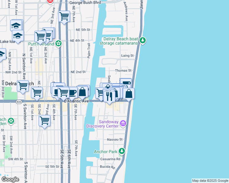 map of restaurants, bars, coffee shops, grocery stores, and more near 55 Seabreeze Avenue in Delray Beach