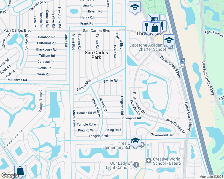 map of restaurants, bars, coffee shops, grocery stores, and more near 19029 Orlando Road South in Fort Myers