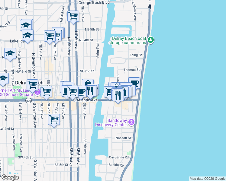 map of restaurants, bars, coffee shops, grocery stores, and more near 33 East Road in Delray Beach