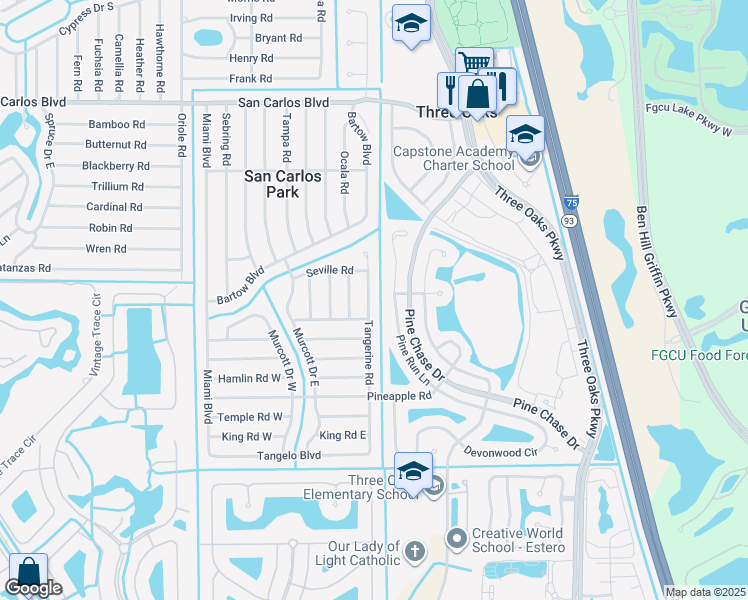 map of restaurants, bars, coffee shops, grocery stores, and more near 19028 Tangerine Road in Fort Myers