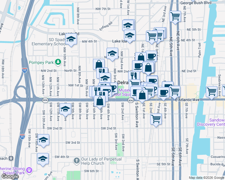 map of restaurants, bars, coffee shops, grocery stores, and more near 78 Northwest 3rd Avenue in Delray Beach