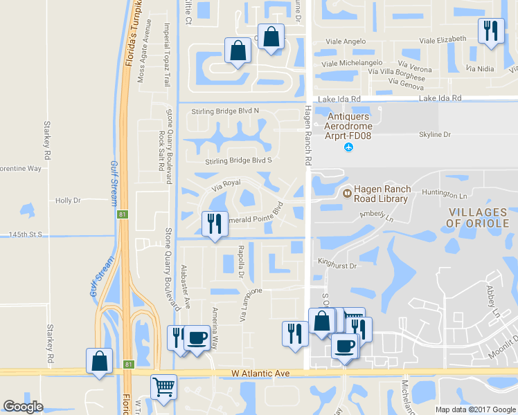 map of restaurants, bars, coffee shops, grocery stores, and more near 14383 Vía Royale in Delray Beach